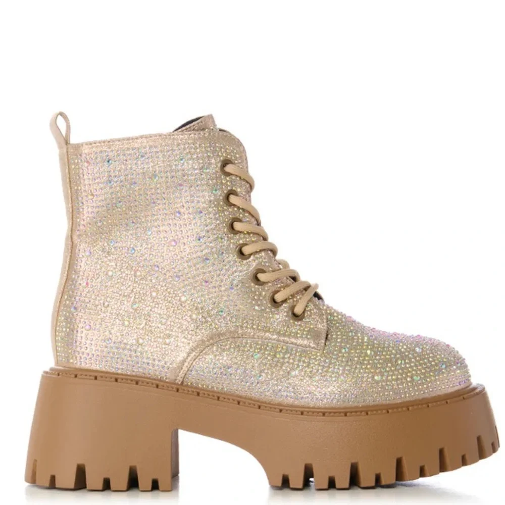 AZALEA WANG Gold Rhinestone Platform Combat Boots